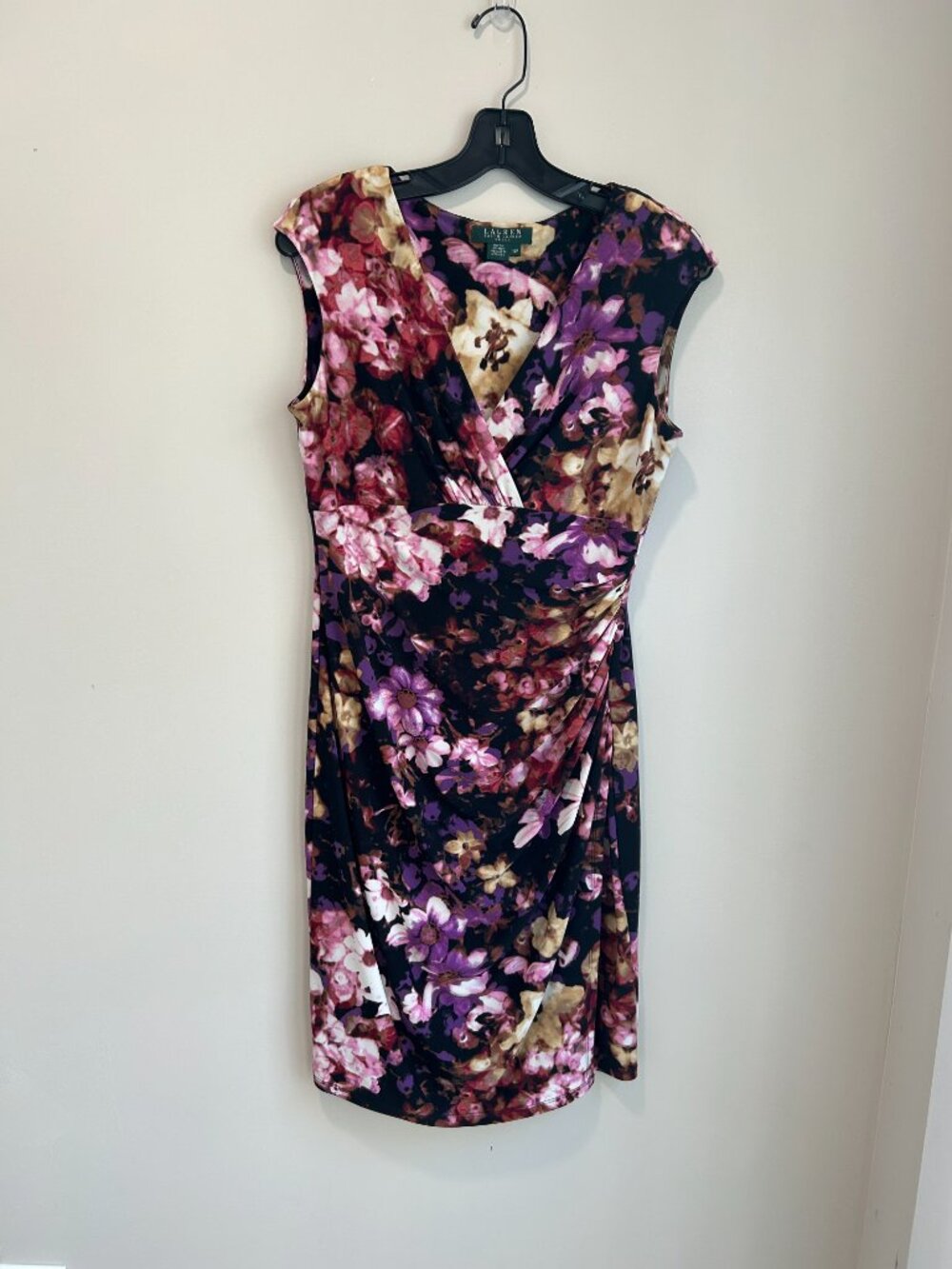 Lauren Ralph Lauren Floral Sheath Dress 10P‎ Petite Ruched V Neck Career Knee - Picture 2 of 8